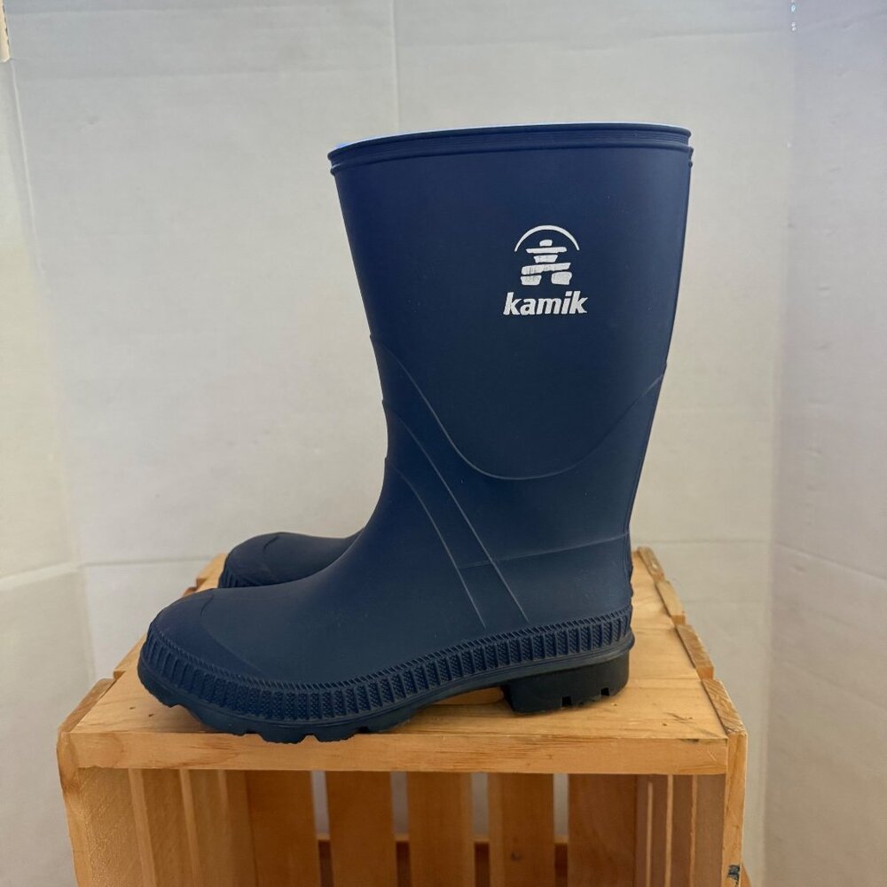 Kamik Boys Size 4 Navy Black Waterproof Rubber Knee High Outdoor Rain Boots - Picture 8 of 14